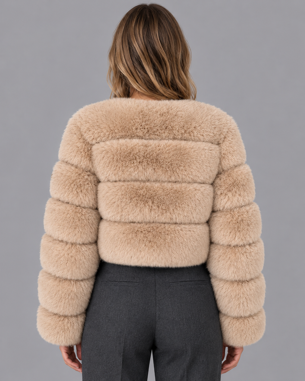 Women's Fur Jacket - Cropped Round Neck Panelled Winter Jacket