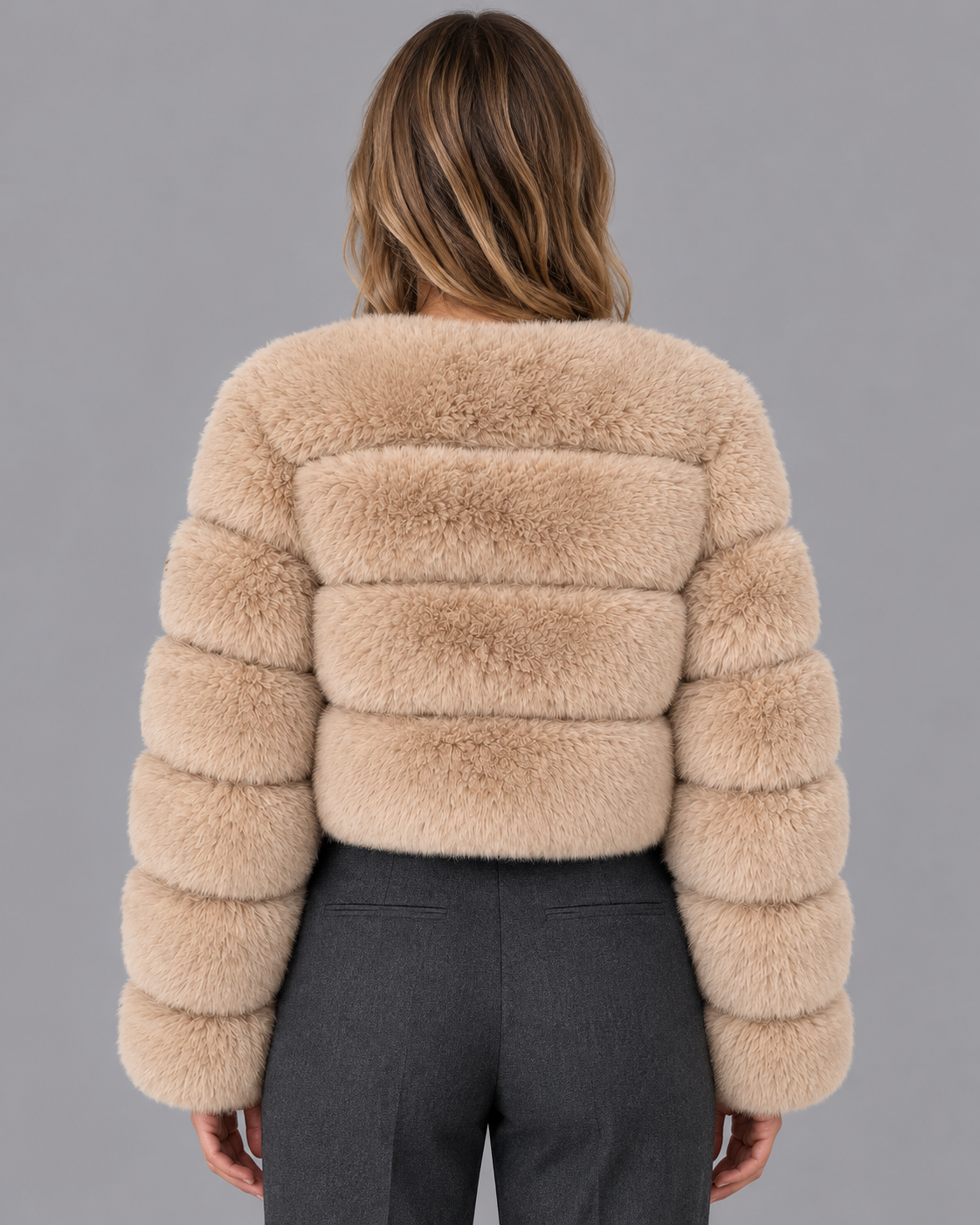 Women's Fur Jacket - Cropped Round Neck Panelled Winter Jacket