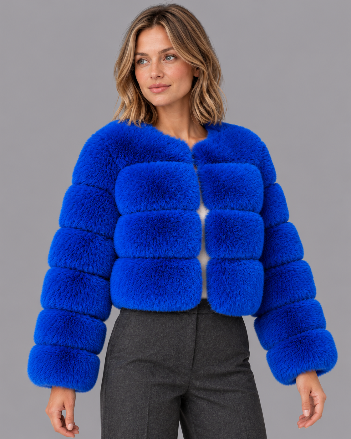 Women's Fur Jacket - Cropped Round Neck Panelled Winter Jacket