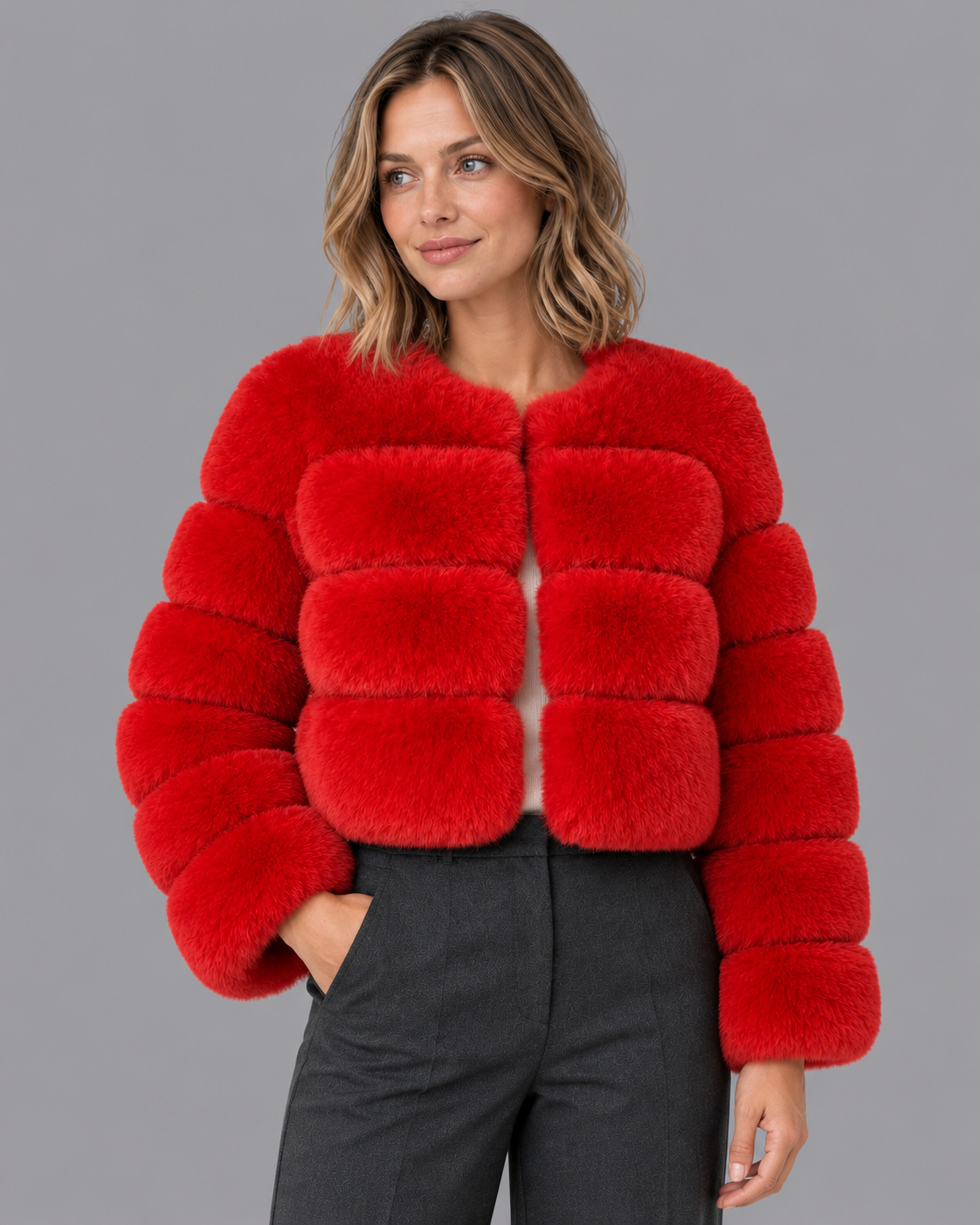 Women's Fur Jacket - Cropped Round Neck Panelled Winter Jacket