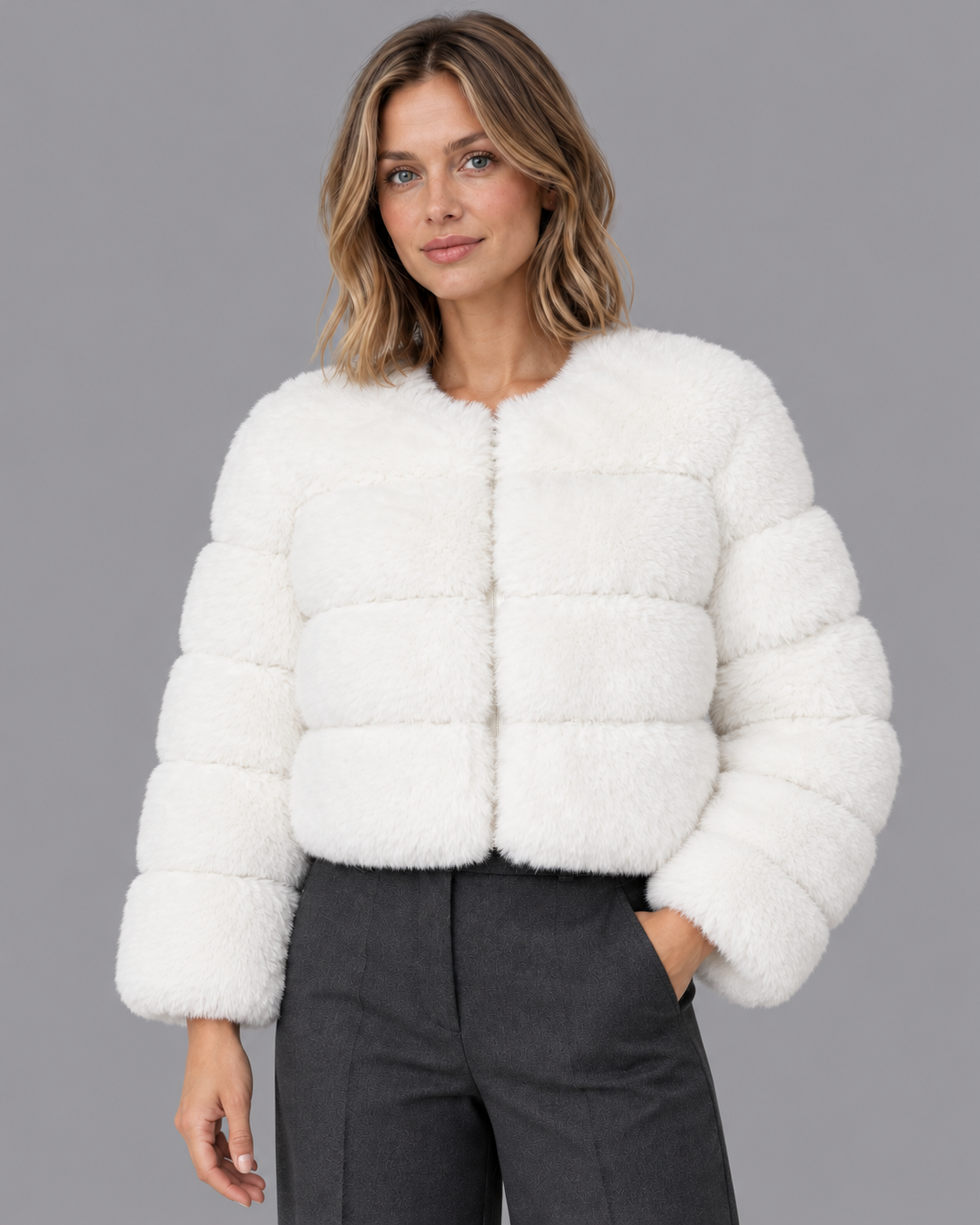 Women's Fur Jacket - Cropped Round Neck Panelled Winter Jacket