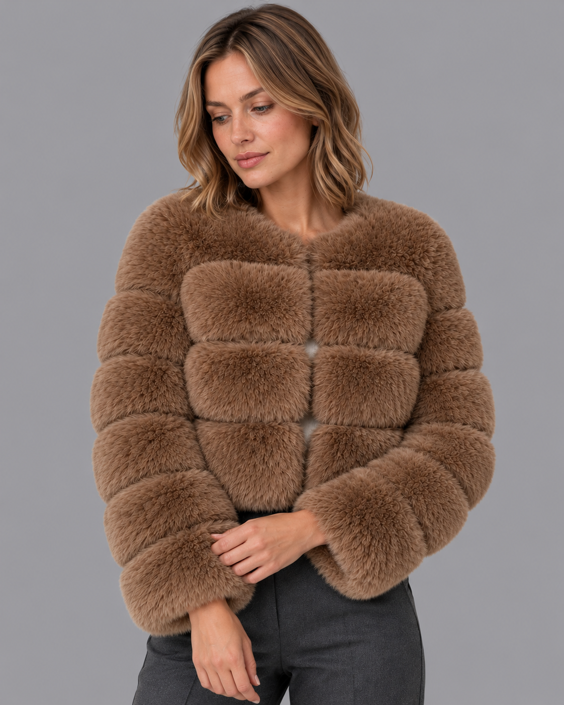 Women's Fur Jacket - Cropped Round Neck Panelled Winter Jacket