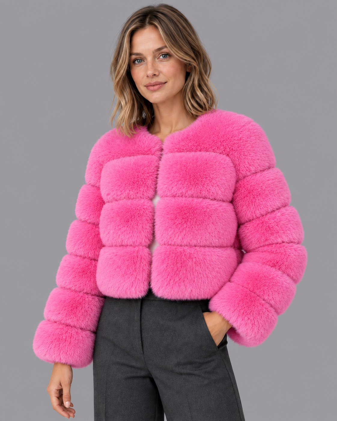 Women's Fur Jacket - Cropped Round Neck Panelled Winter Jacket
