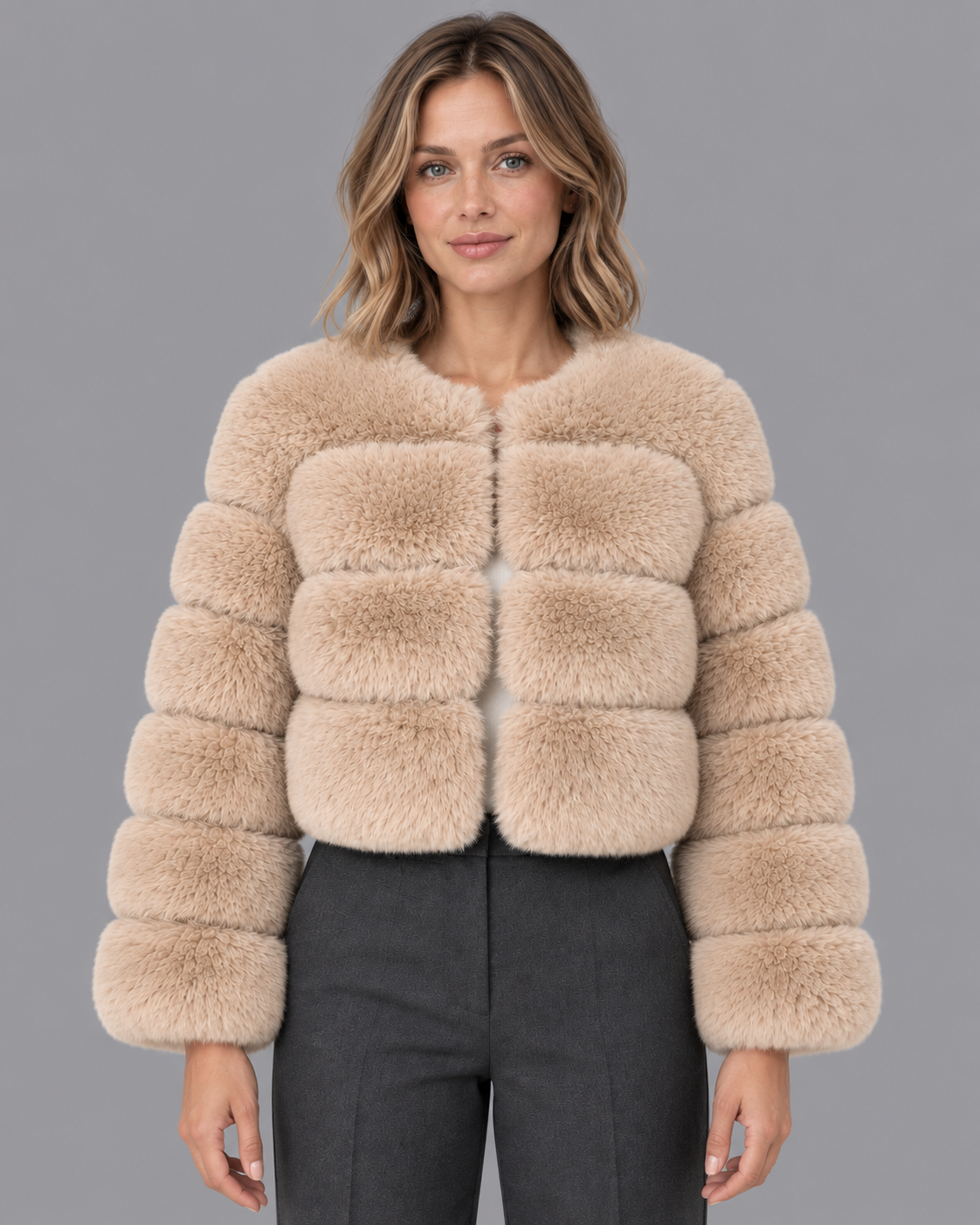 Women's Fur Jacket - Cropped Round Neck Panelled Winter Jacket