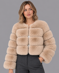 Women's Fur Jacket - Cropped Round Neck Panelled Winter Jacket