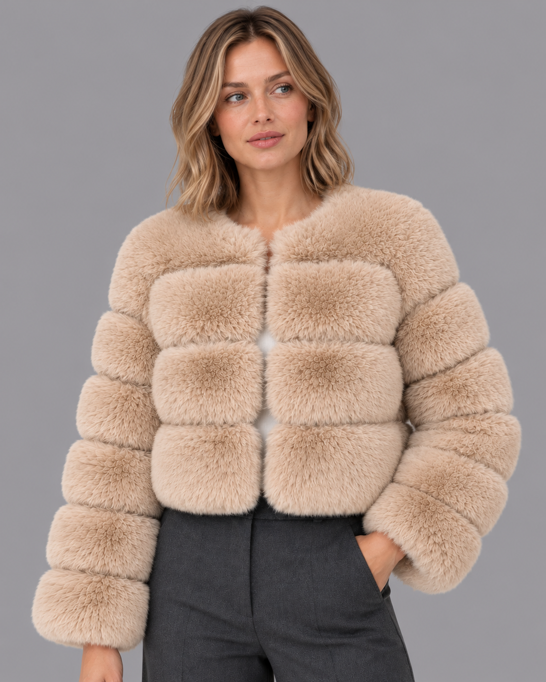 Women's Fur Jacket - Cropped Round Neck Panelled Winter Jacket