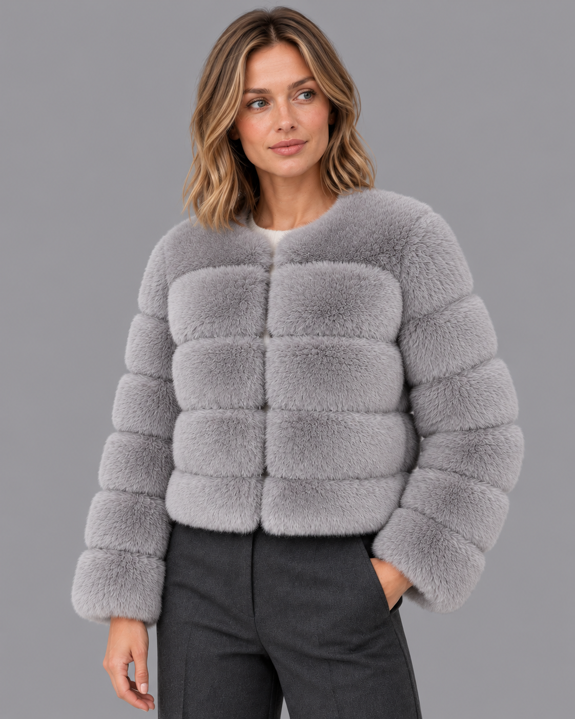 Women's Fur Jacket - Cropped Round Neck Panelled Winter Jacket