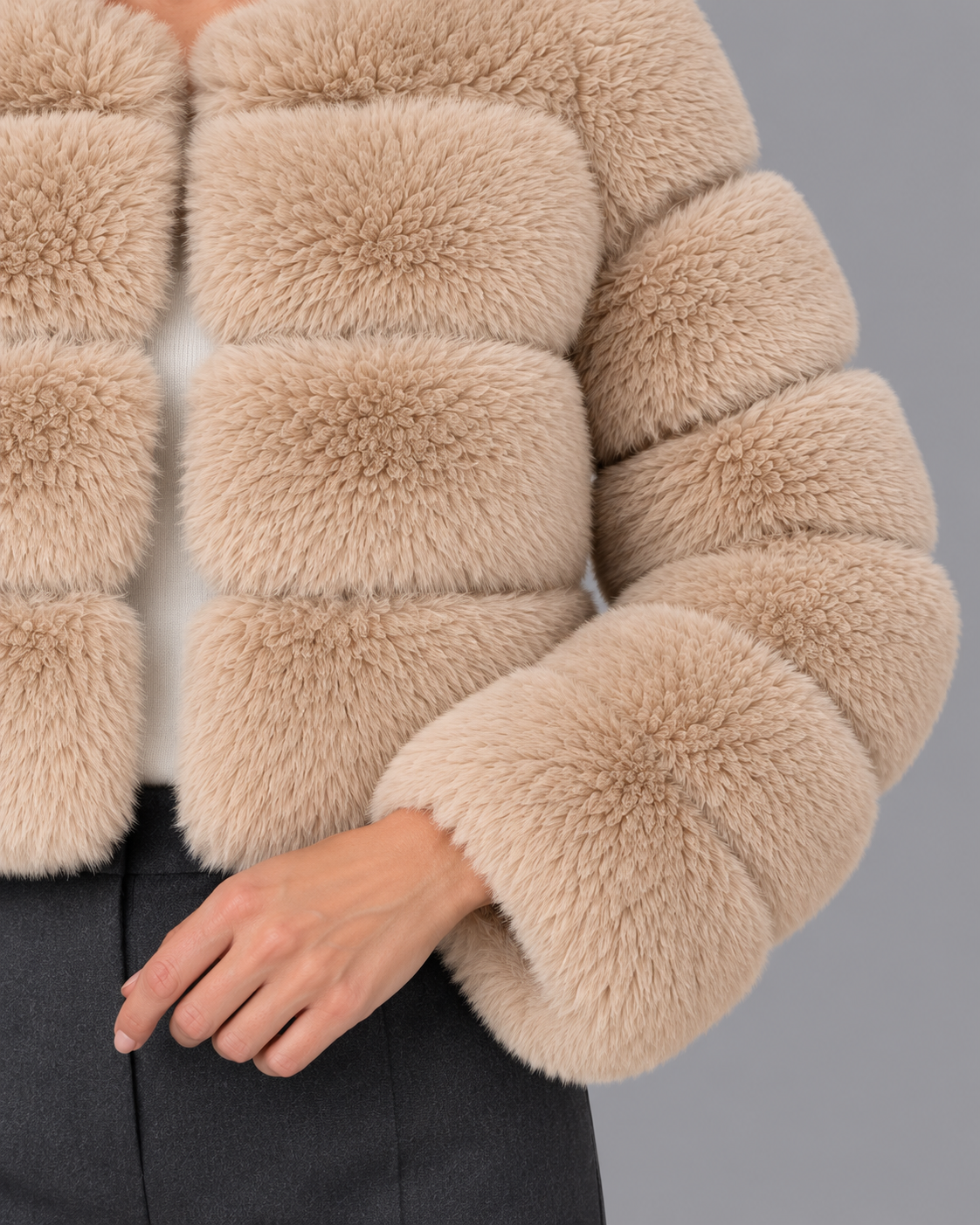 Women's Fur Jacket - Cropped Round Neck Panelled Winter Jacket
