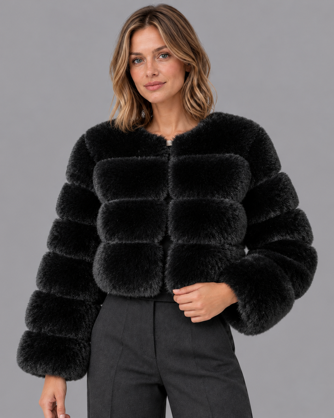 Women's Fur Jacket - Cropped Round Neck Panelled Winter Jacket