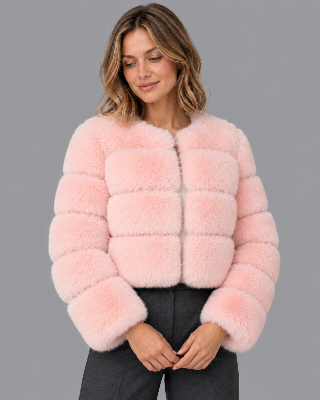 Women's Fur Jacket - Cropped Round Neck Panelled Winter Jacket