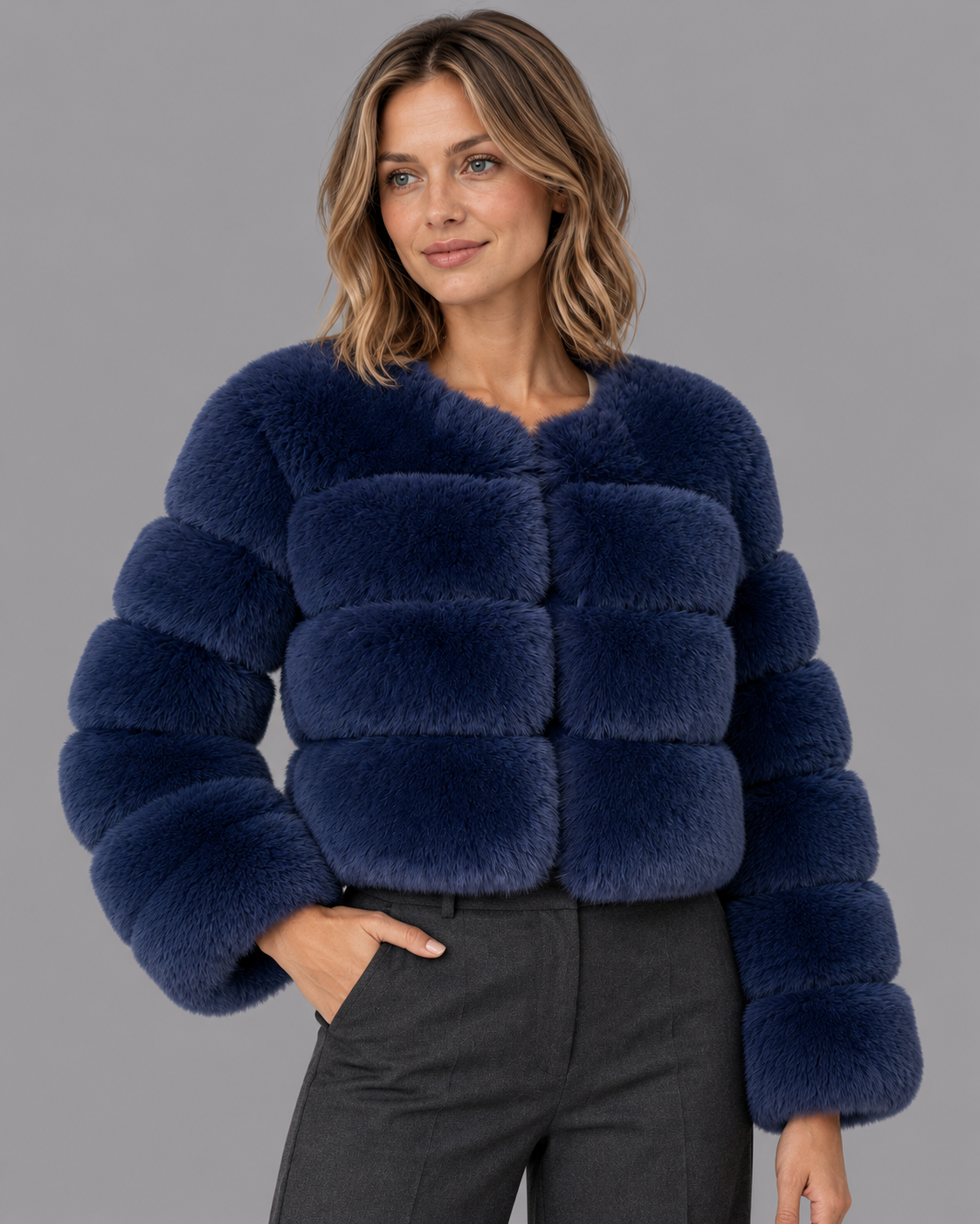 Women's Fur Jacket - Cropped Round Neck Panelled Winter Jacket