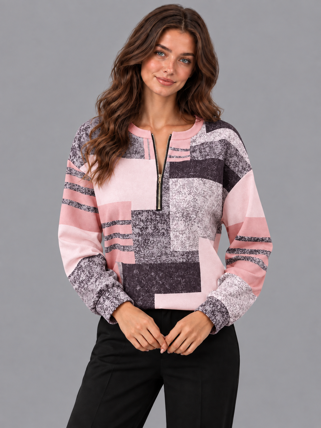 Women's Half Zip Jumper - Geometric Print Relaxed Long Sleeve