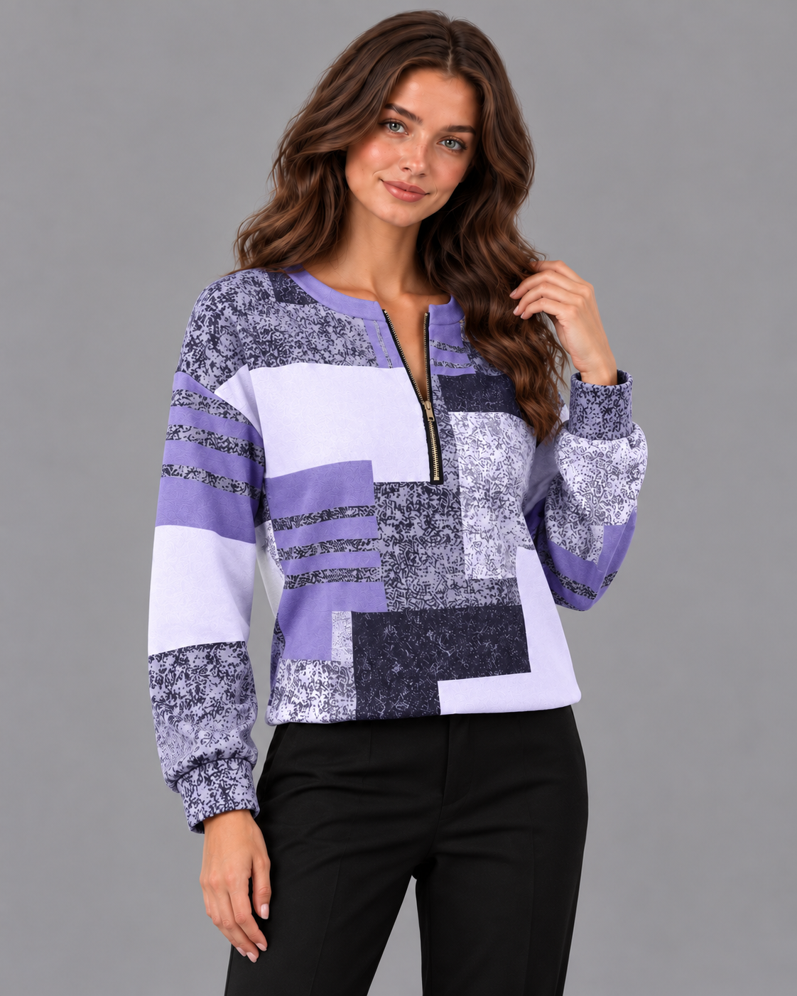 Women's Half Zip Jumper - Geometric Print Relaxed Long Sleeve