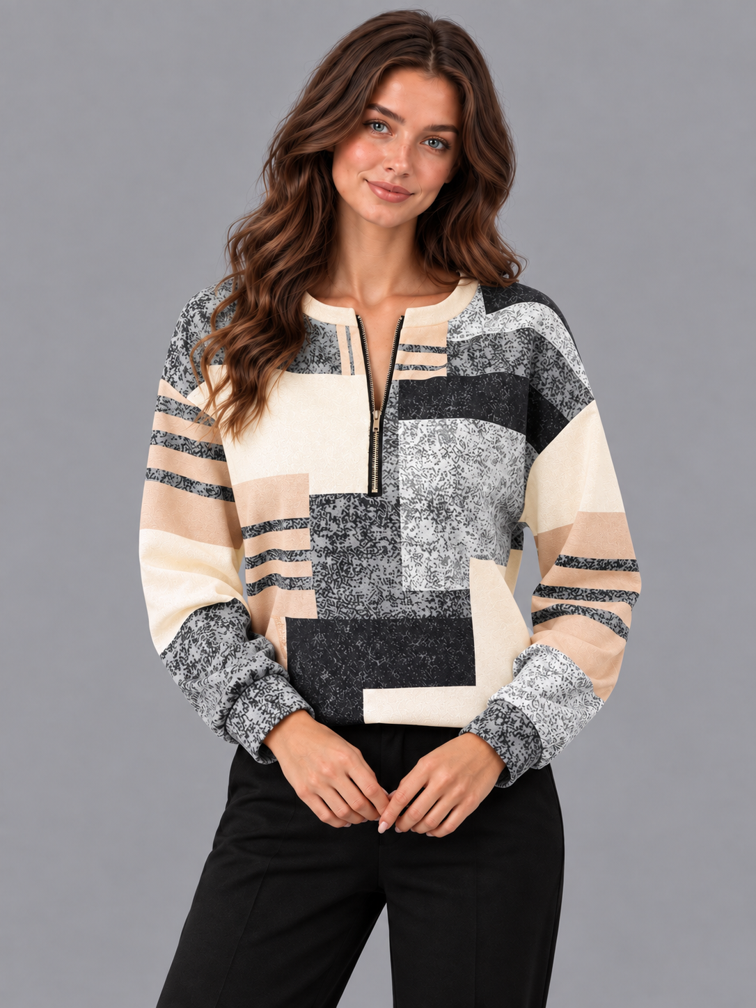 Women's Half Zip Jumper - Geometric Print Relaxed Long Sleeve