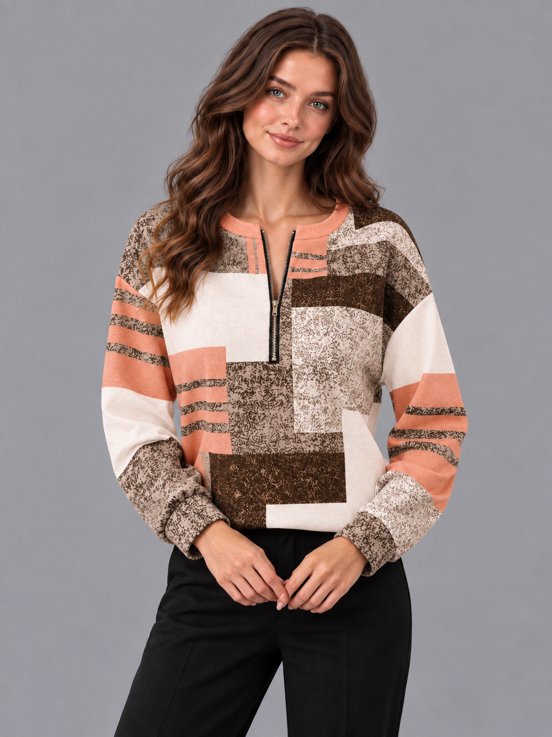 Women's Half Zip Jumper - Geometric Print Relaxed Long Sleeve