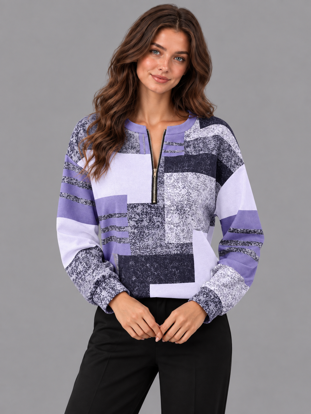 Women's Half Zip Jumper - Geometric Print Relaxed Long Sleeve