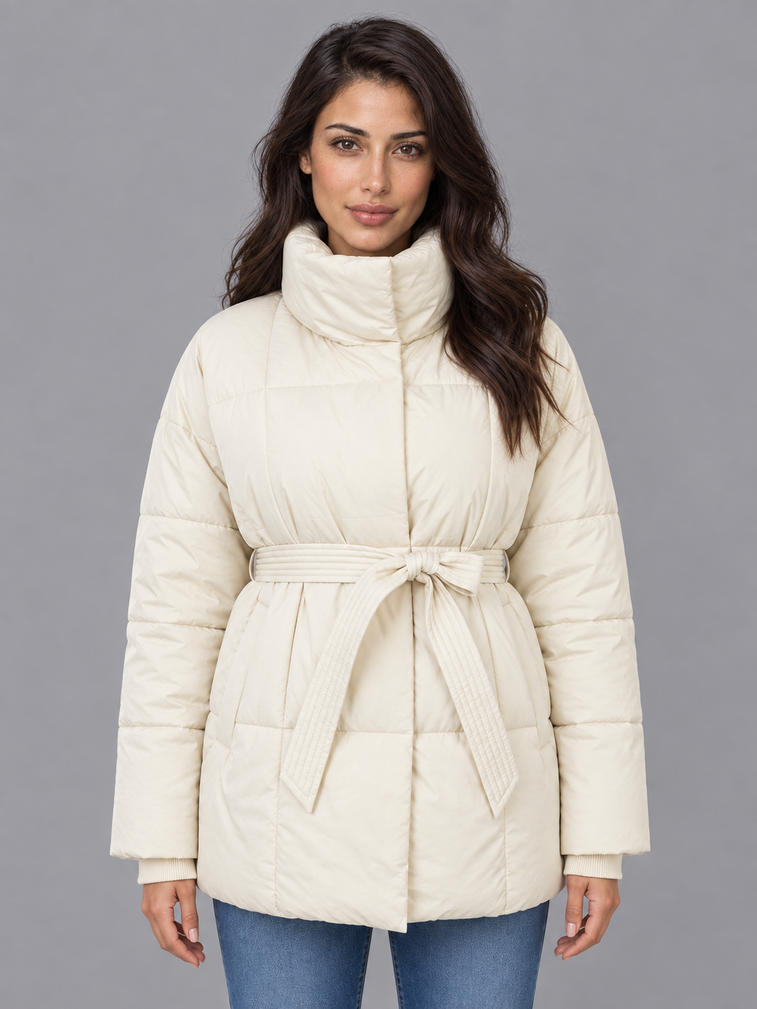 Women's Puffer Jacket - Oversized High Collar Belted Padded Coat