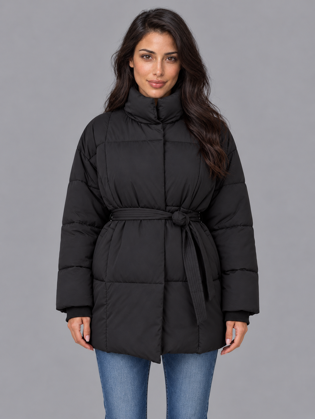 Women's Puffer Jacket - Oversized High Collar Belted Padded Coat