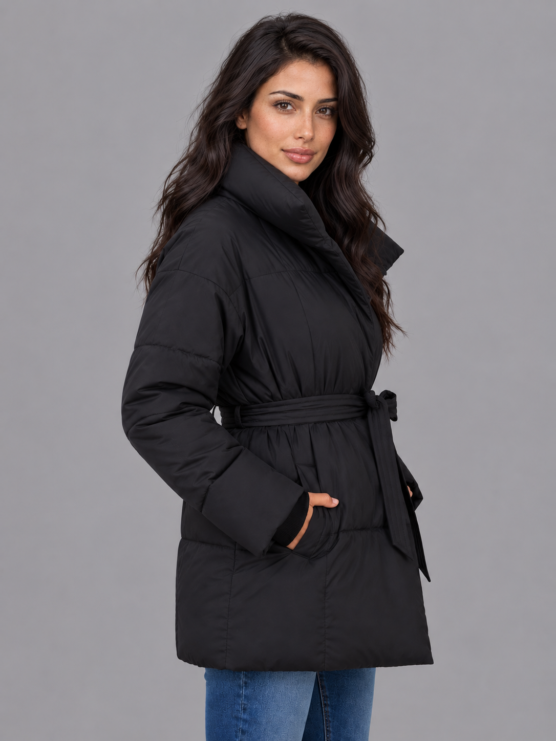 Women's Puffer Jacket - Oversized High Collar Belted Padded Coat
