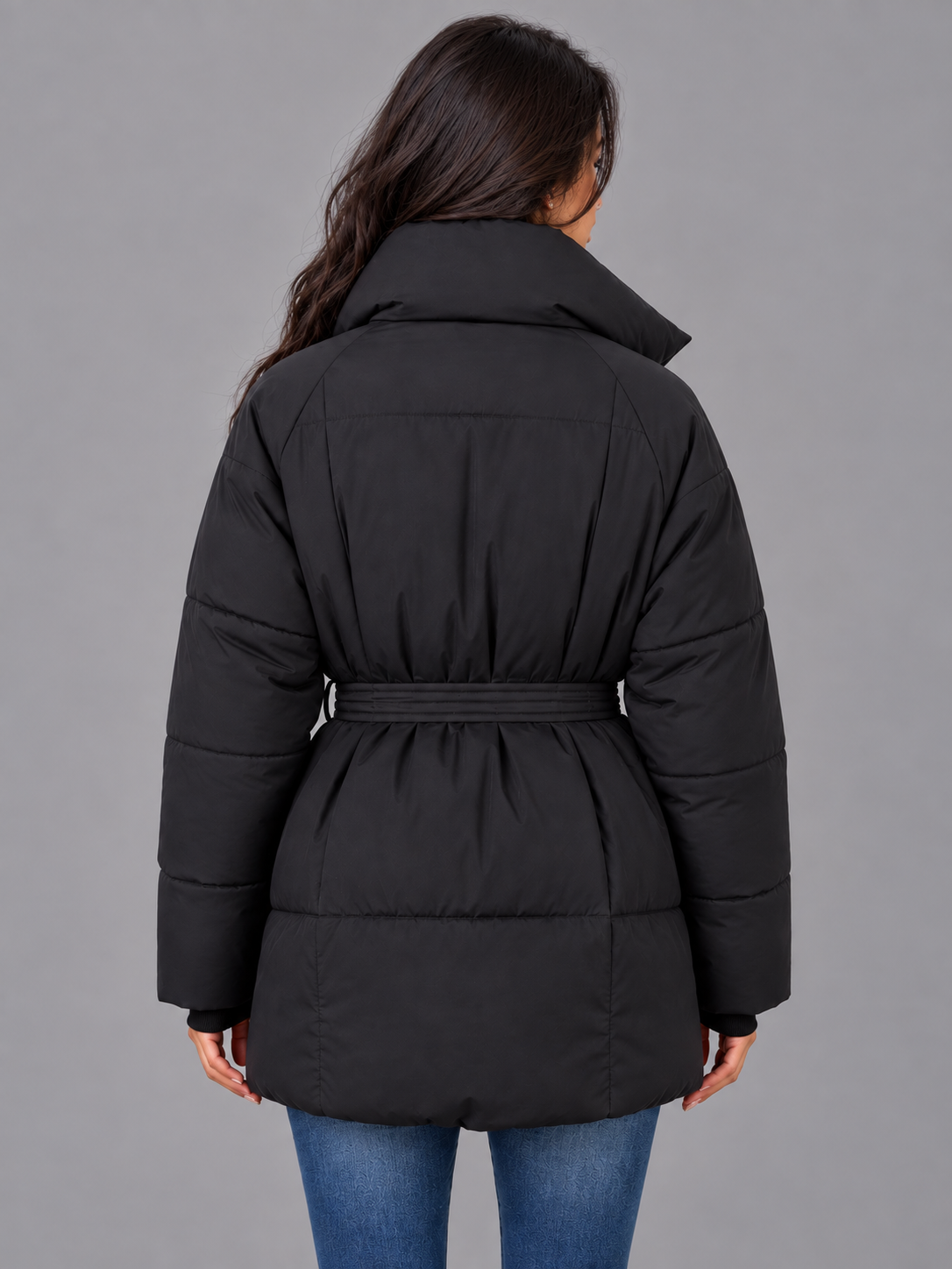 Women's Puffer Jacket - Oversized High Collar Belted Padded Coat