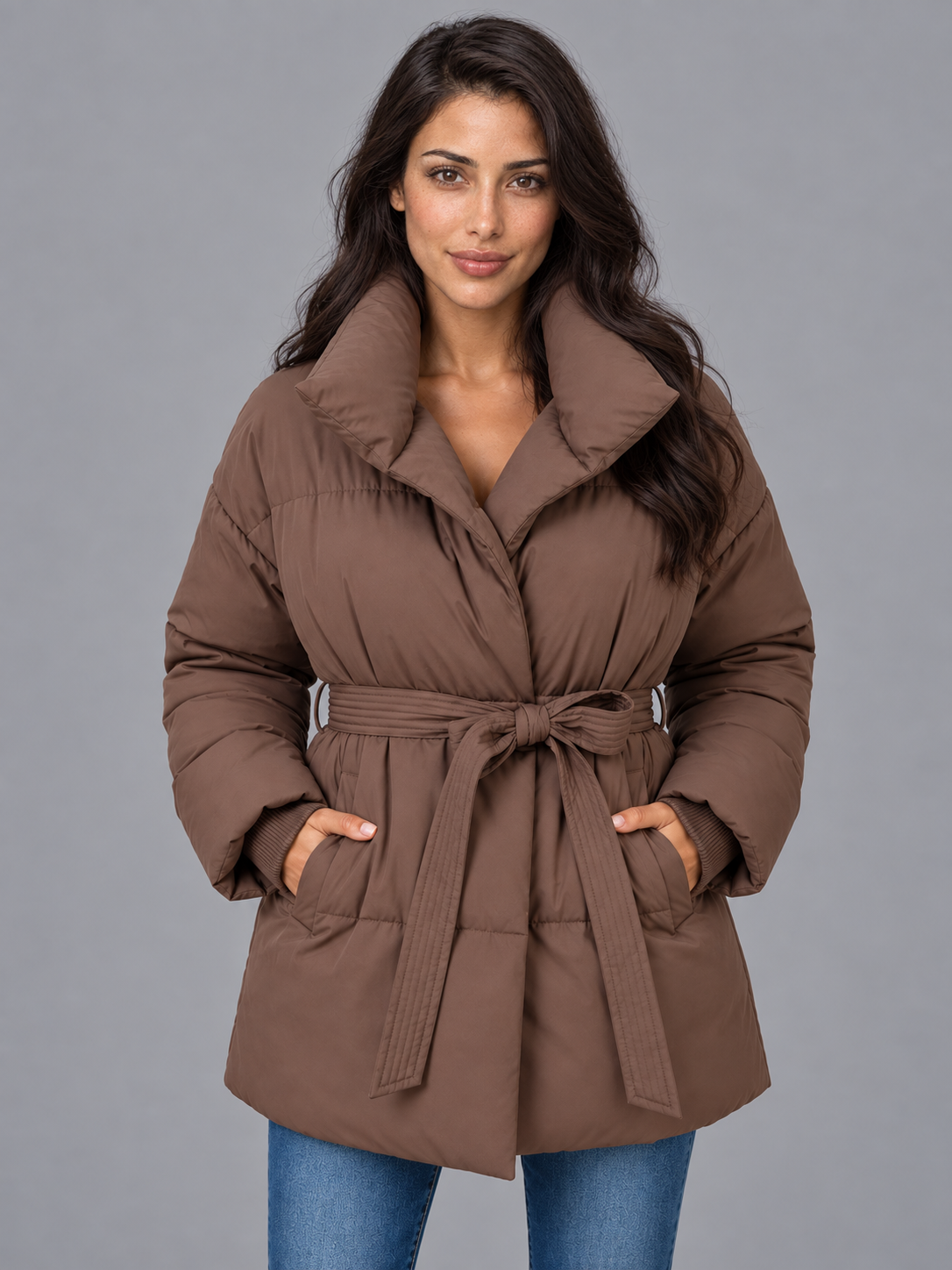 Women's Puffer Jacket - Oversized High Collar Belted Padded Coat