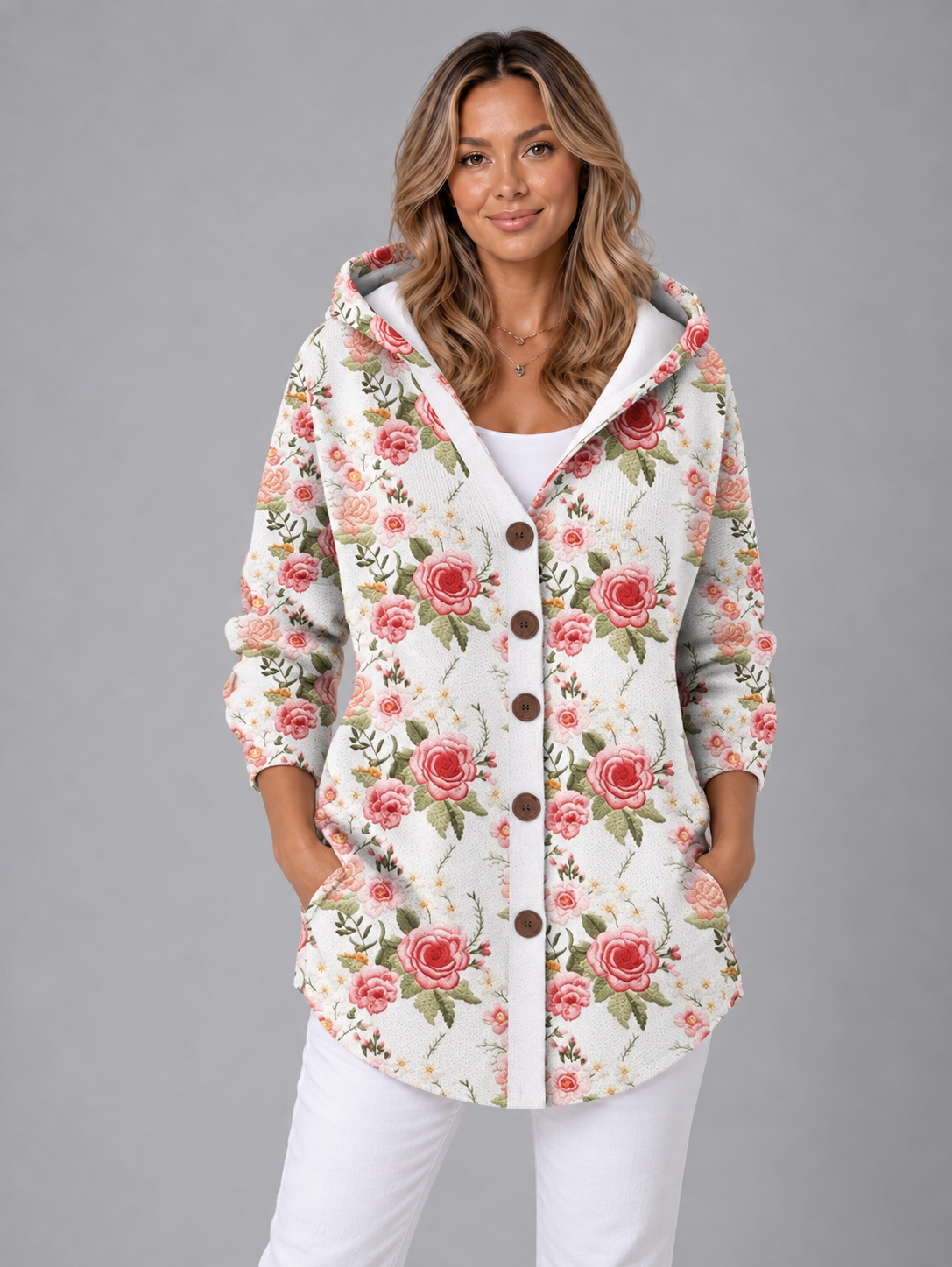 Women's Hooded Knitted Jumper - Button Neck Relaxed Fit Pullover