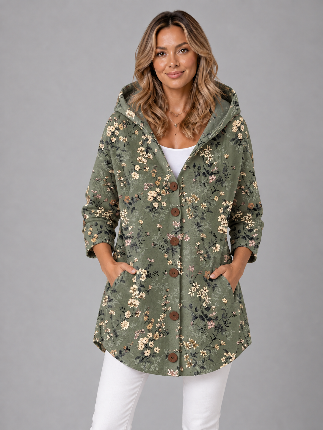 Women's Hooded Knitted Jumper - Button Neck Relaxed Fit Pullover