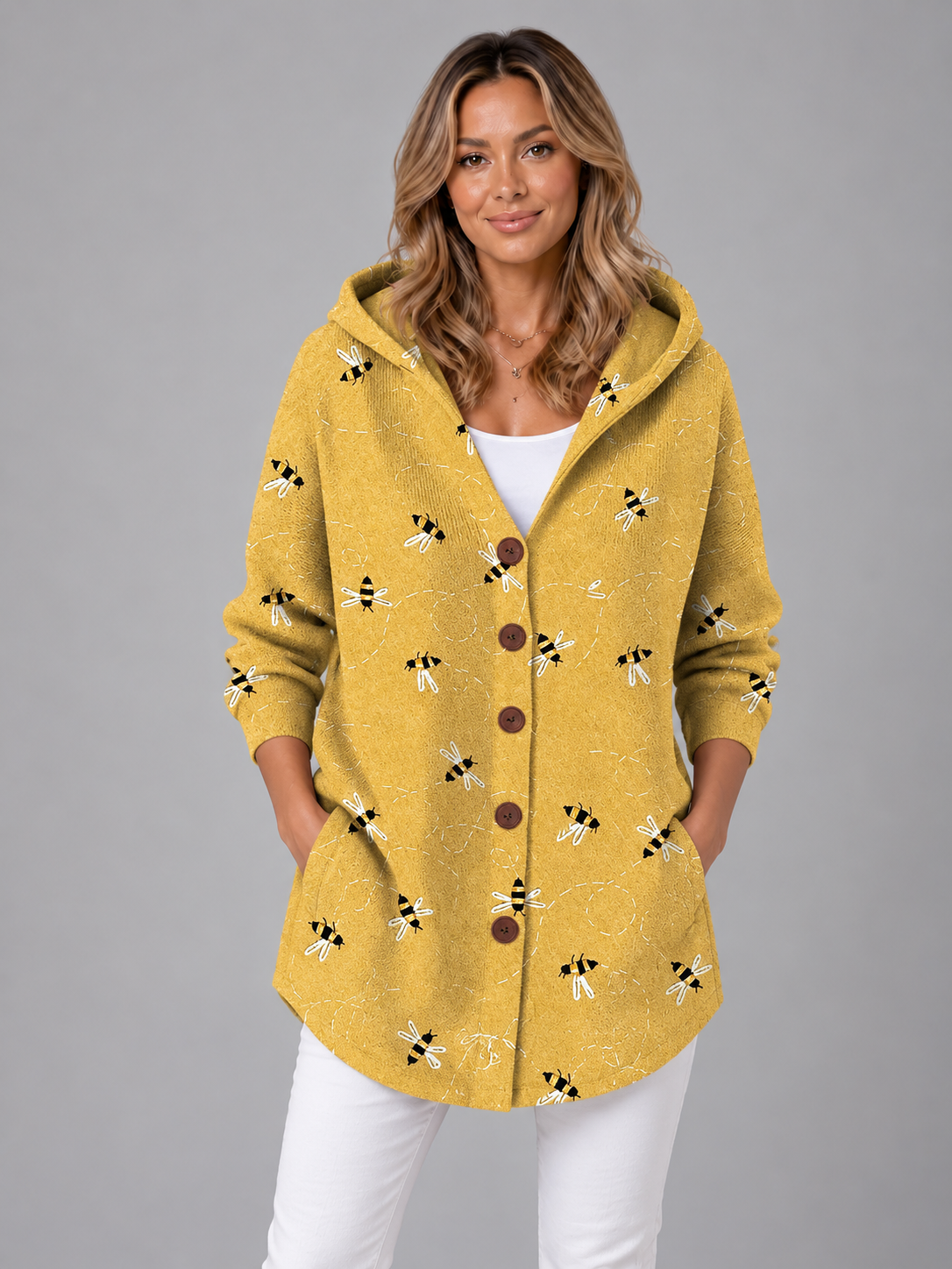 Women's Hooded Knitted Jumper - Button Neck Relaxed Fit Pullover