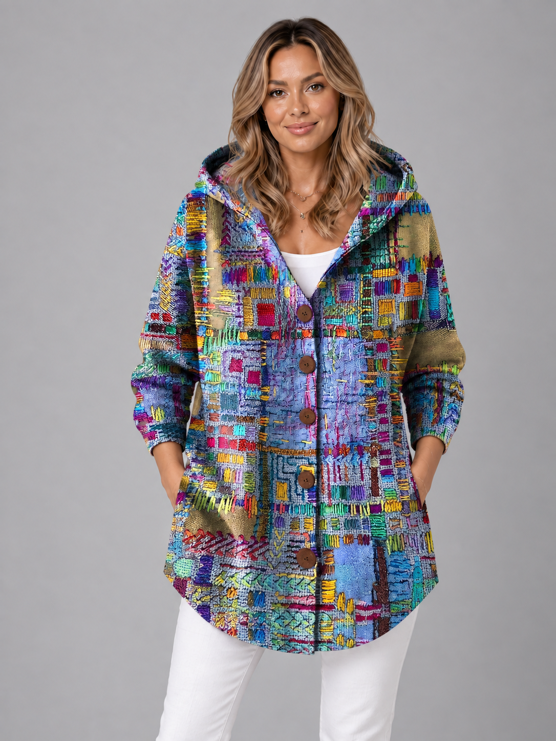 Women's Hooded Knitted Jumper - Button Neck Relaxed Fit Pullover