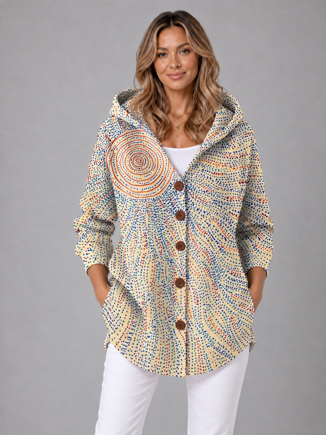Women's Hooded Knitted Jumper - Button Neck Relaxed Fit Pullover