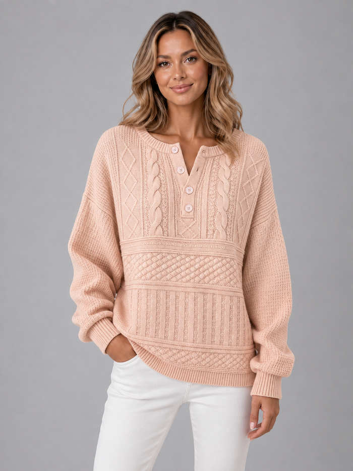 Women's Knitted Jumper - Ombre Henley Neck Relaxed Long Sleeve