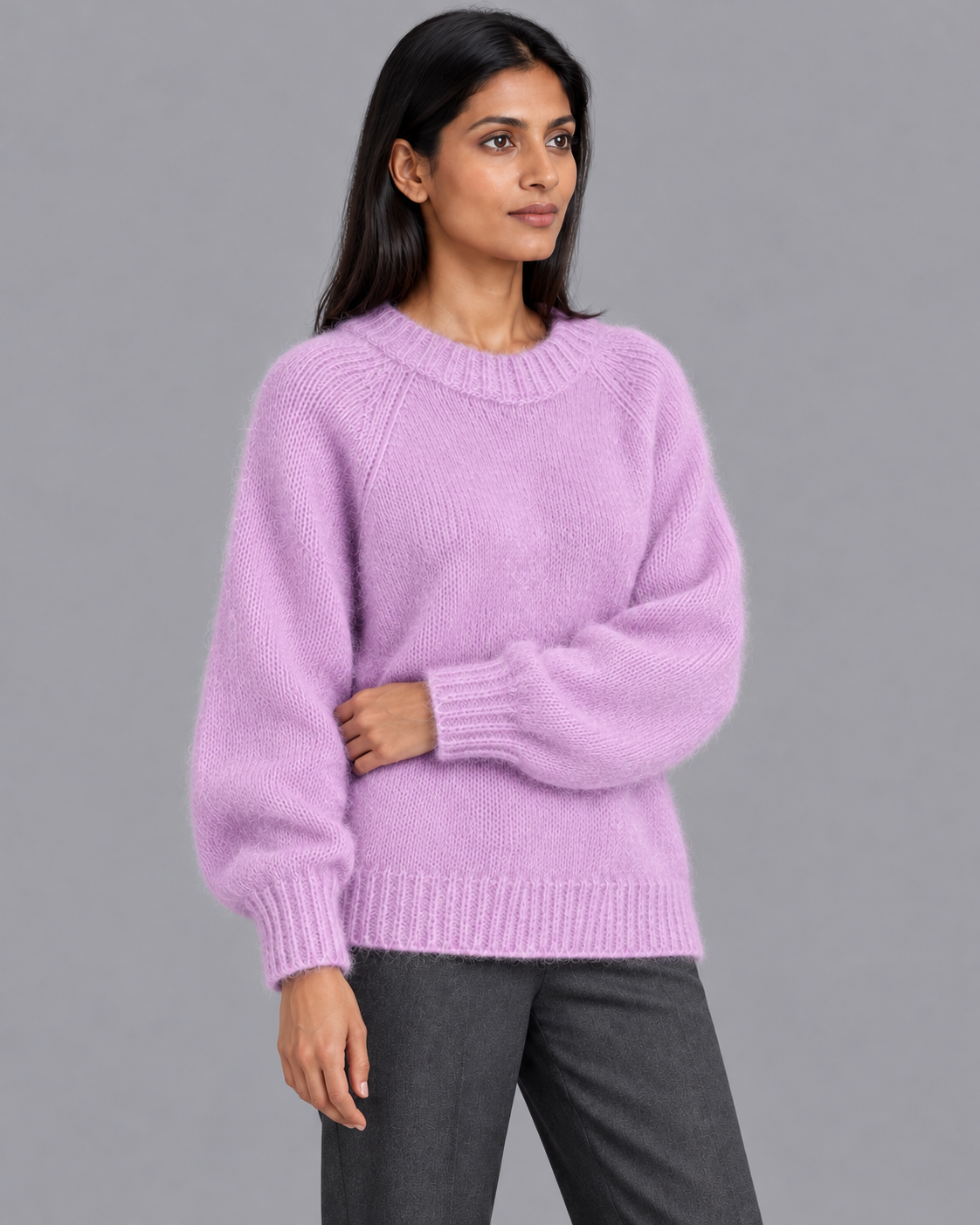 Women's Knitted Jumper - Fluffy Crew Neck Relaxed Fit Raglan Sleeve