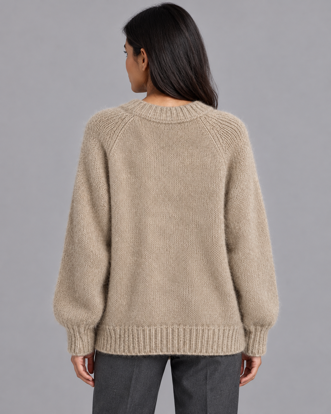 Women's Knitted Jumper - Fluffy Crew Neck Relaxed Fit Raglan Sleeve