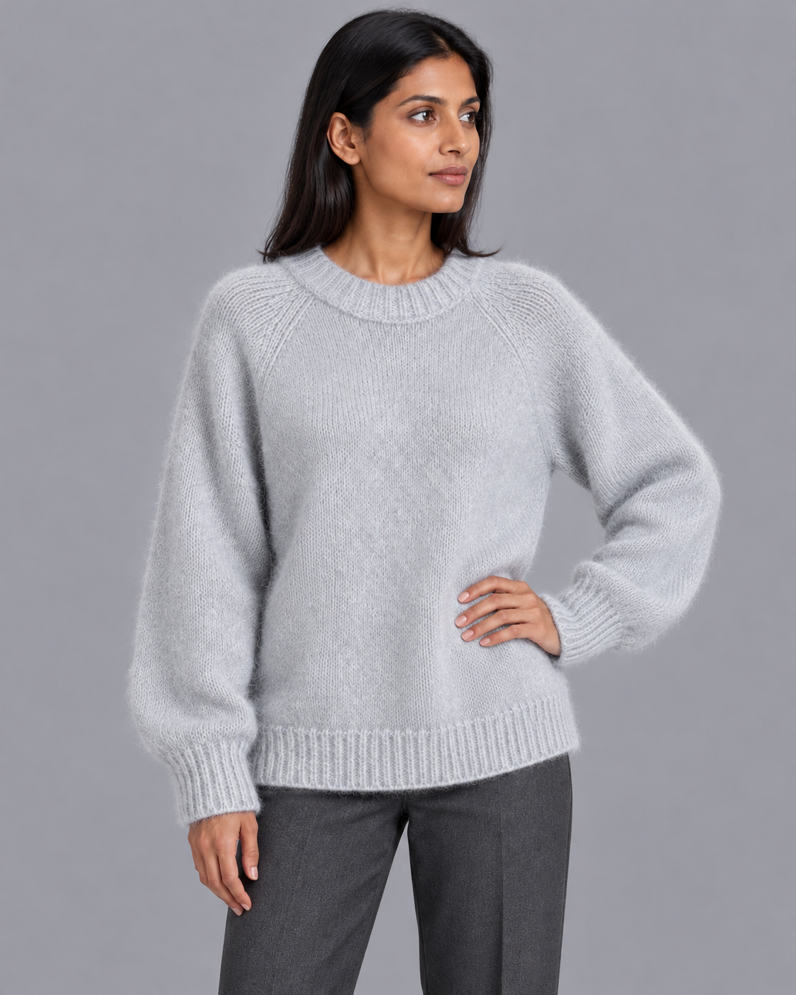 Women's Knitted Jumper - Fluffy Crew Neck Relaxed Fit Raglan Sleeve