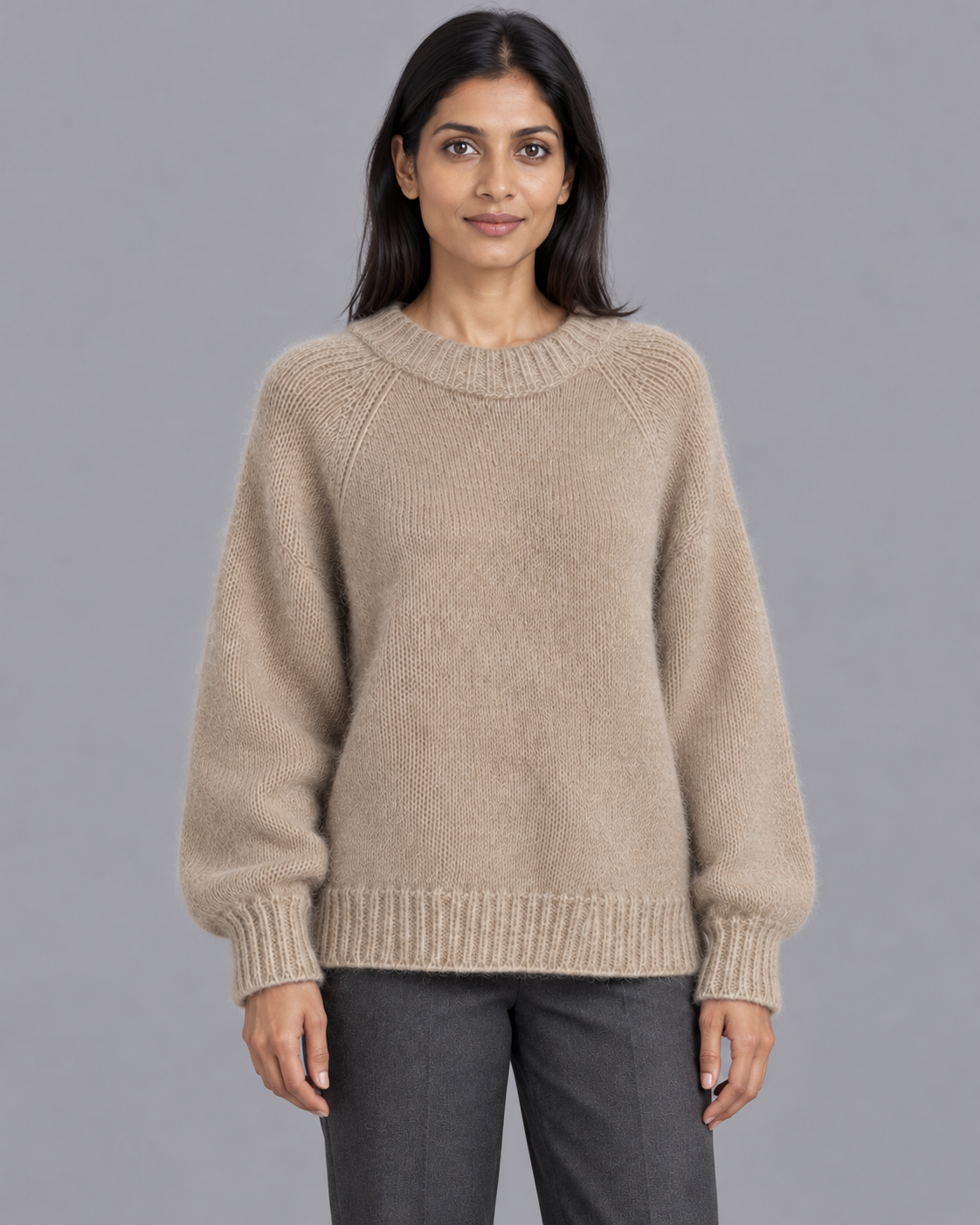 Women's Knitted Jumper - Fluffy Crew Neck Relaxed Fit Raglan Sleeve