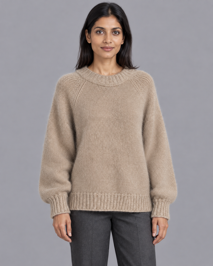 Women's Knitted Jumper - Fluffy Crew Neck Relaxed Fit Raglan Sleeve
