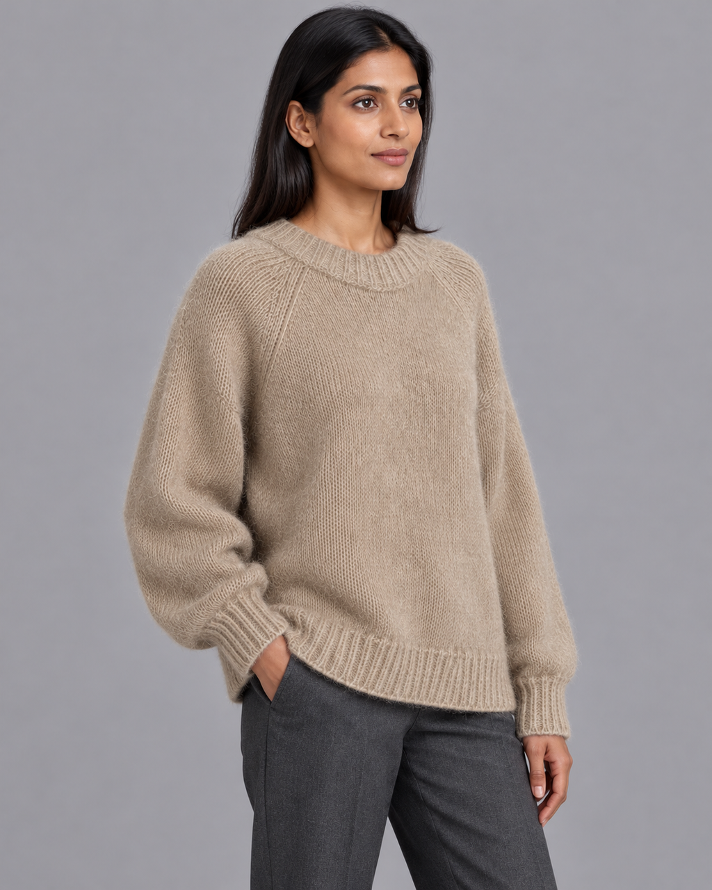 Women's Knitted Jumper - Fluffy Crew Neck Relaxed Fit Raglan Sleeve