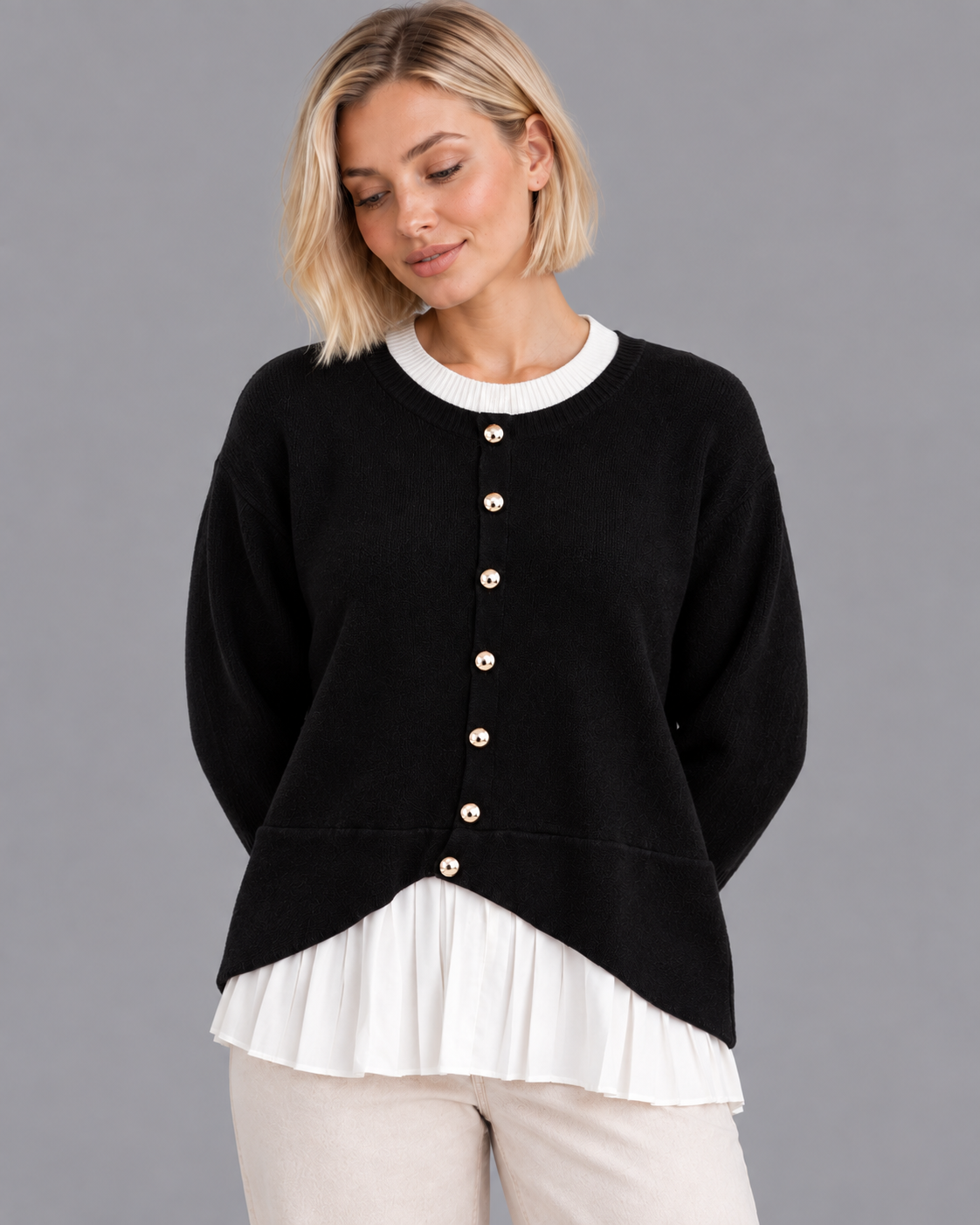 Women's Layered Cardigan - Pleated Hem Button Front Knit