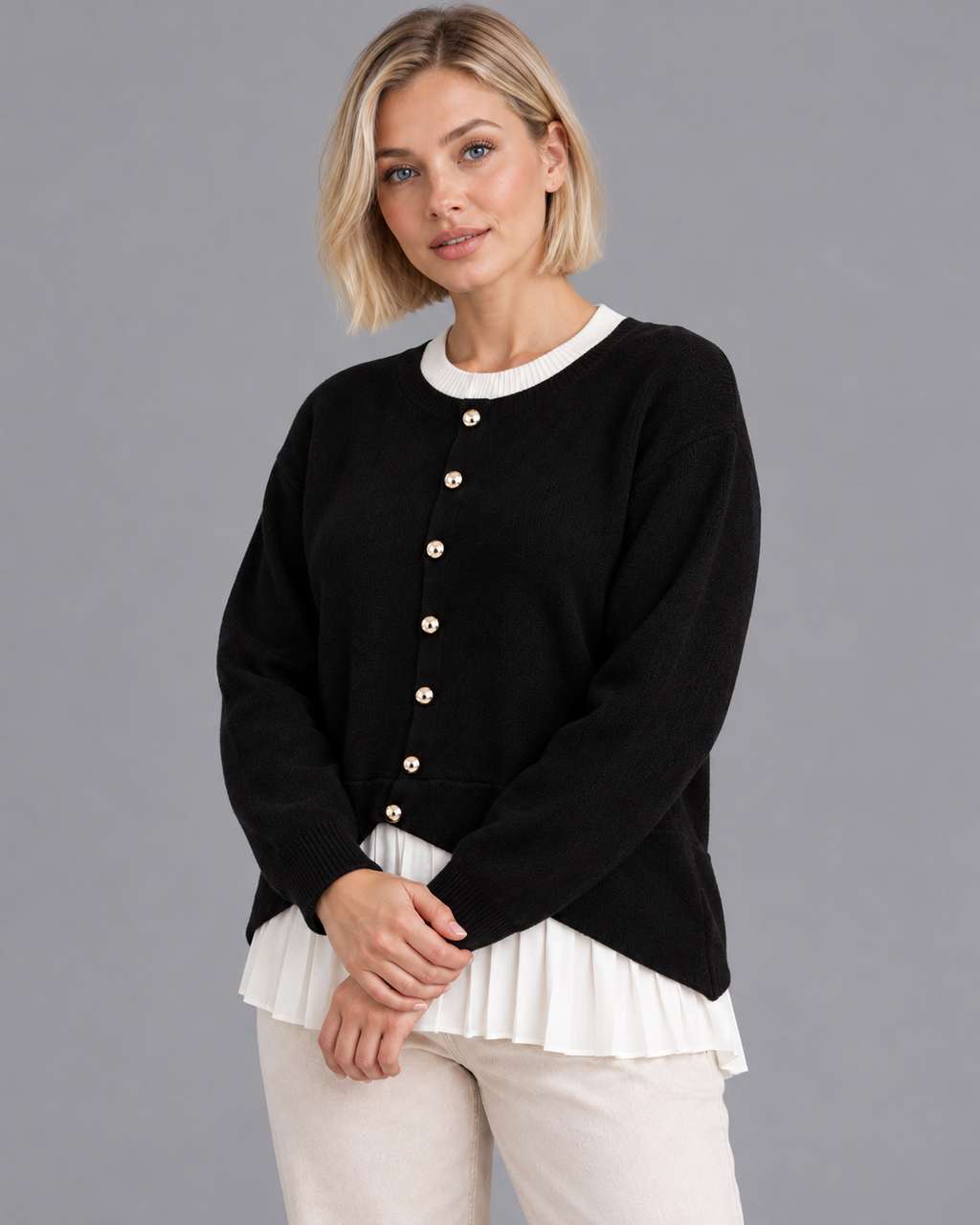 Women's Layered Cardigan - Pleated Hem Button Front Knit