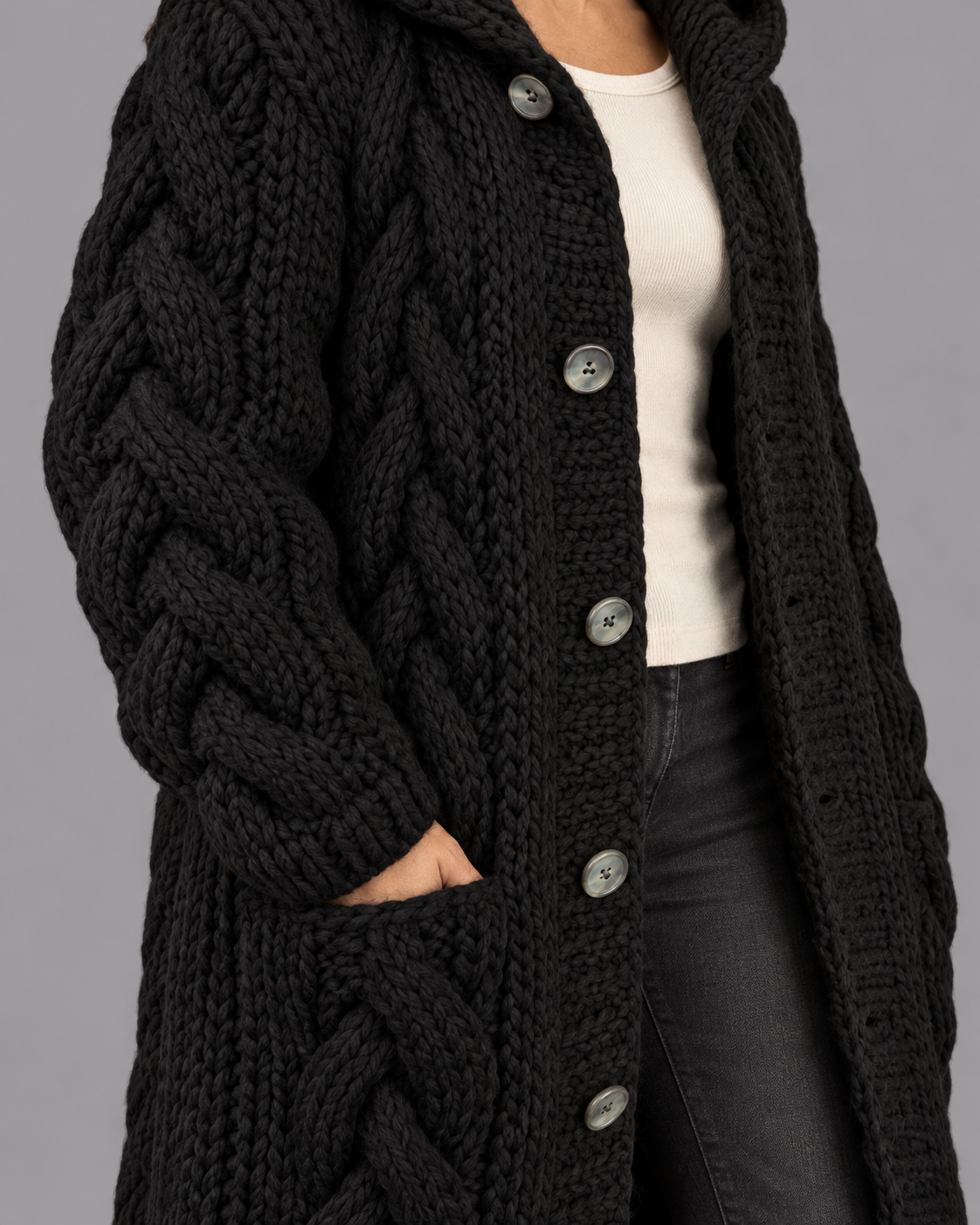 Women's Long Cardigan - Chunky Cable Knit Button Front Oversized Fit