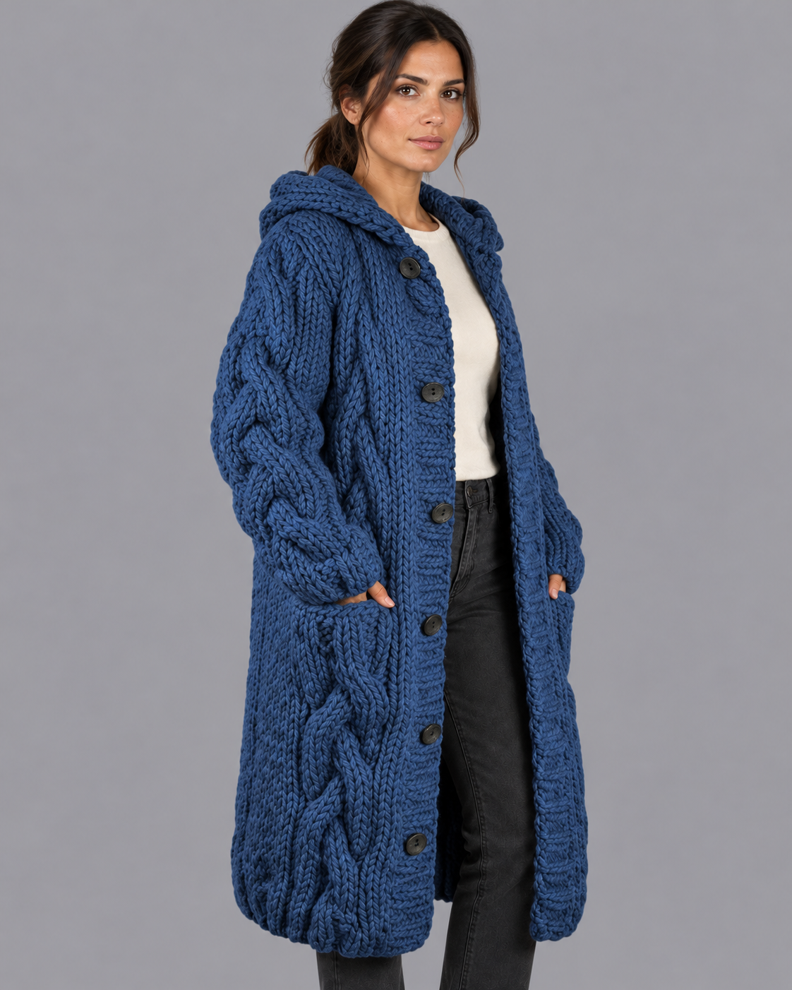 Women's Long Cardigan - Chunky Cable Knit Button Front Oversized Fit