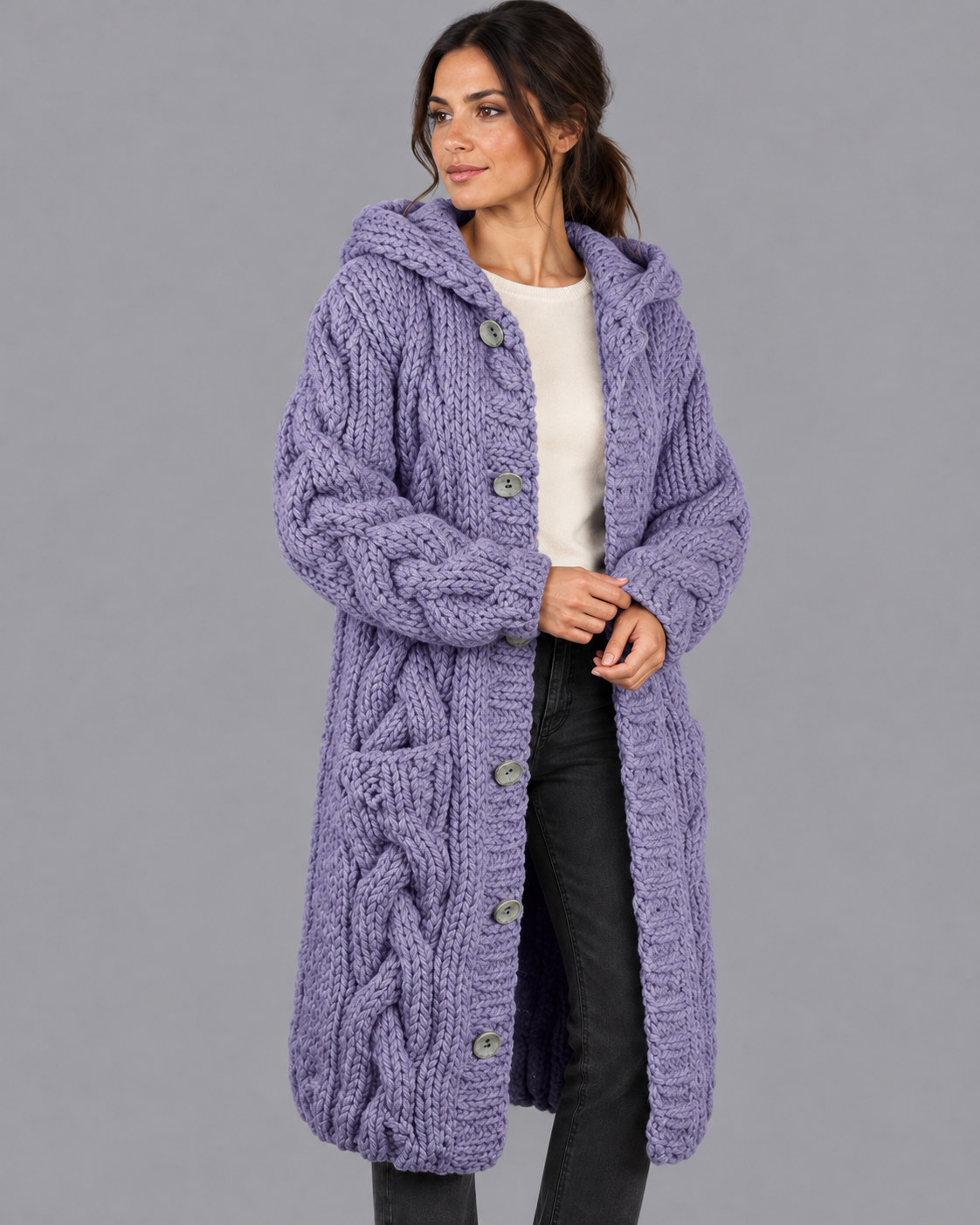 Women's Long Cardigan - Chunky Cable Knit Button Front Oversized Fit