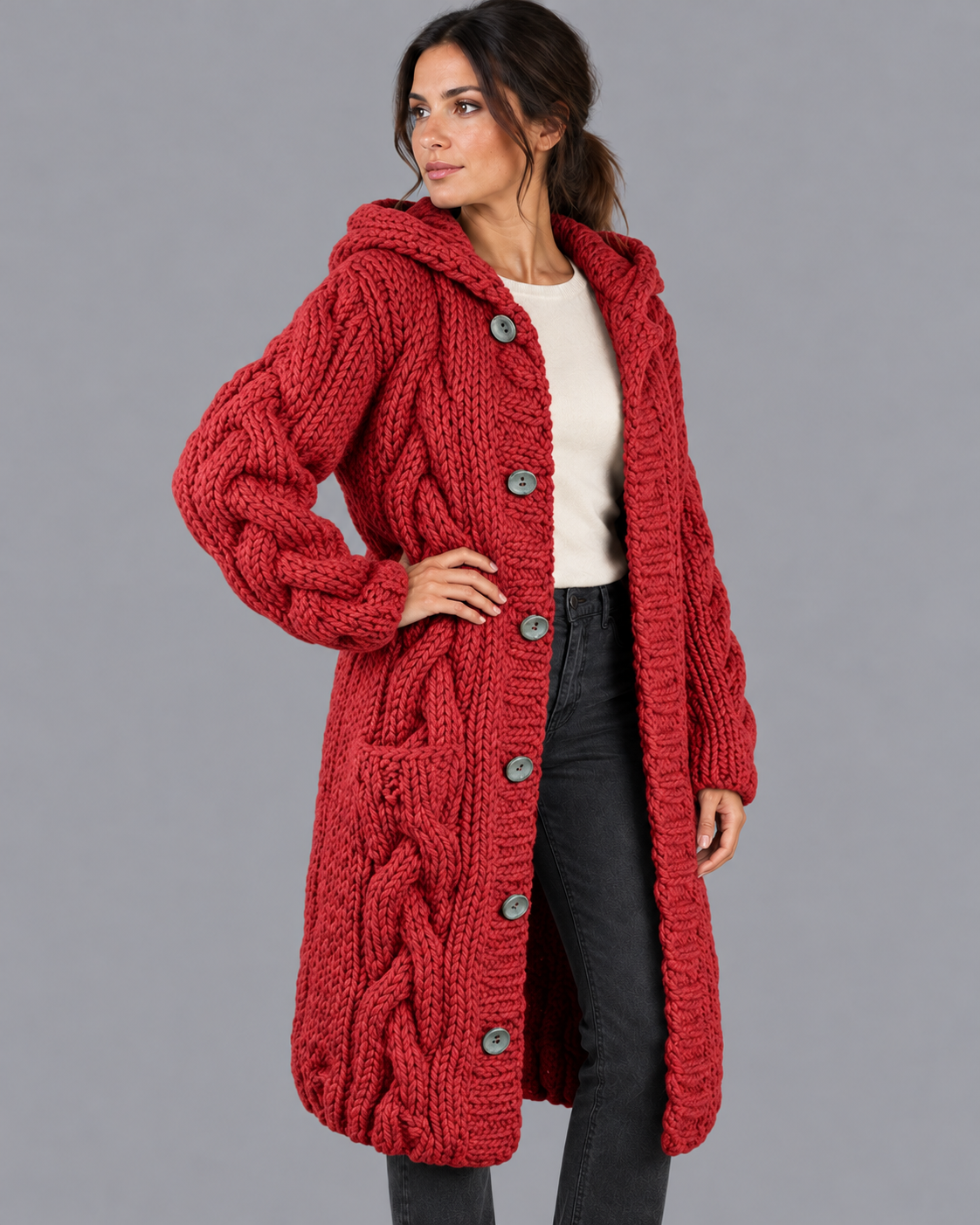 Women's Long Cardigan - Chunky Cable Knit Button Front Oversized Fit