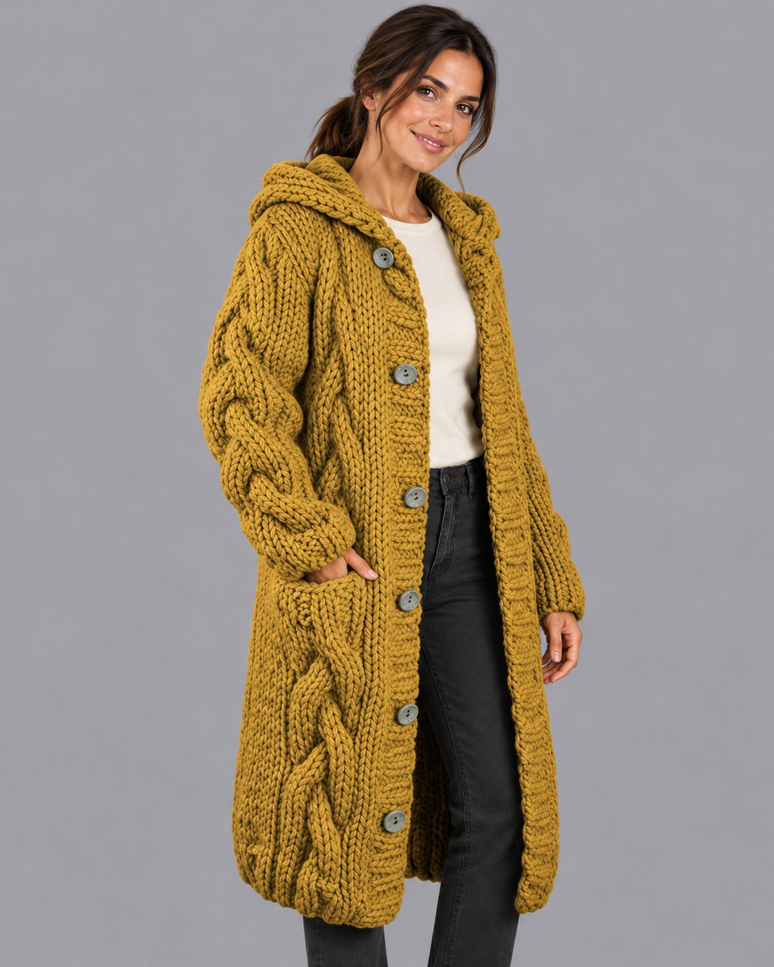 Women's Long Cardigan - Chunky Cable Knit Button Front Oversized Fit
