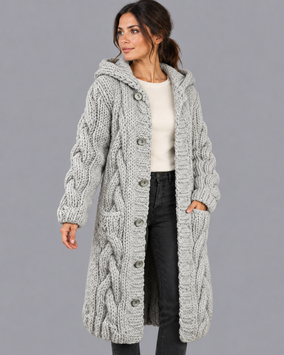 Women's Long Cardigan - Chunky Cable Knit Button Front Oversized Fit