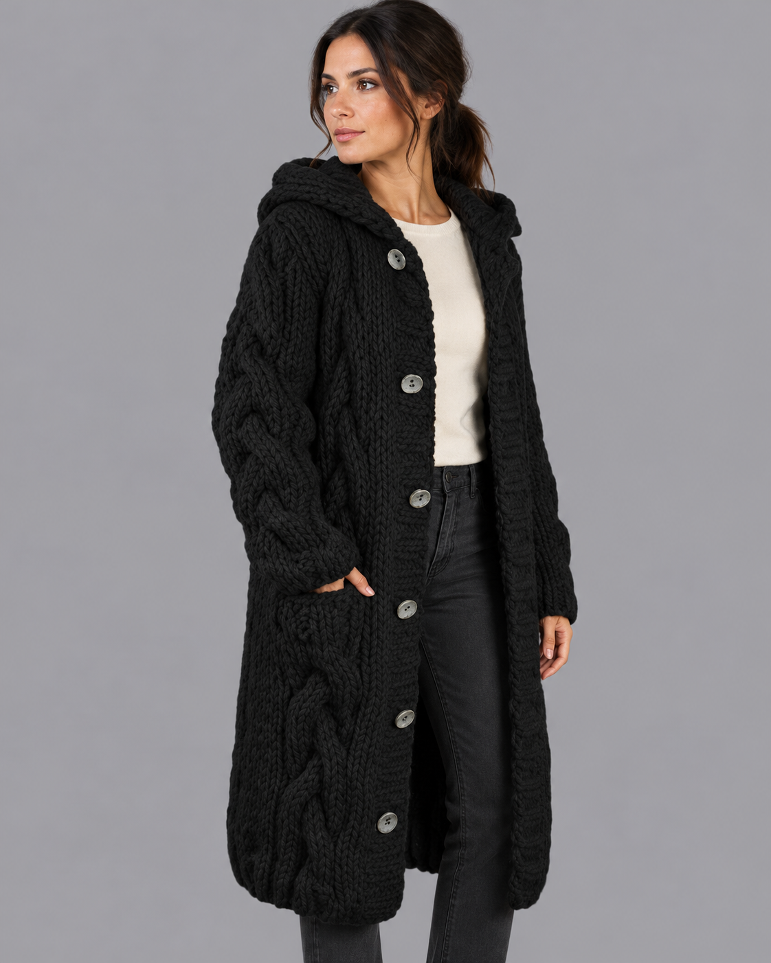 Women's Long Cardigan - Chunky Cable Knit Button Front Oversized Fit