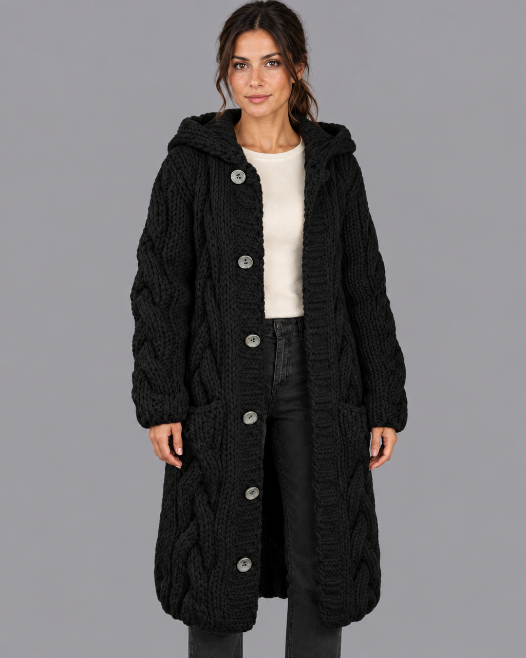 Women's Long Cardigan - Chunky Cable Knit Button Front Oversized Fit