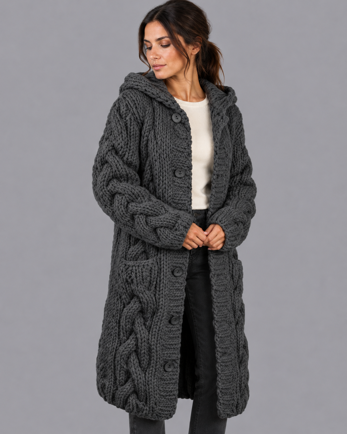 Women's Long Cardigan - Chunky Cable Knit Button Front Oversized Fit