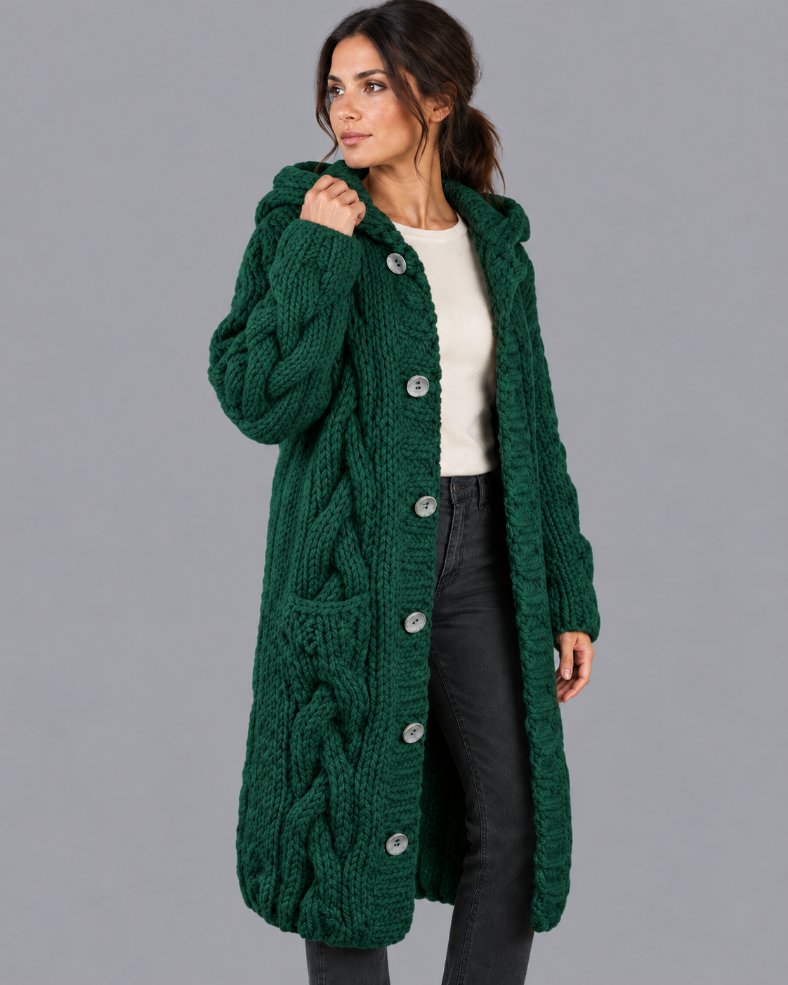Women's Long Cardigan - Chunky Cable Knit Button Front Oversized Fit