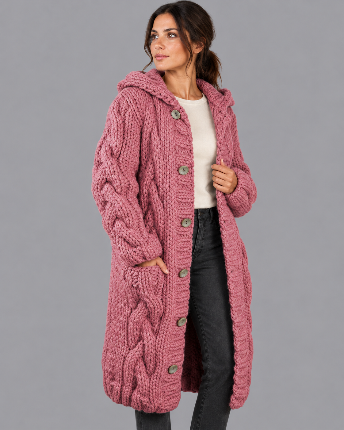 Women's Long Cardigan - Chunky Cable Knit Button Front Oversized Fit